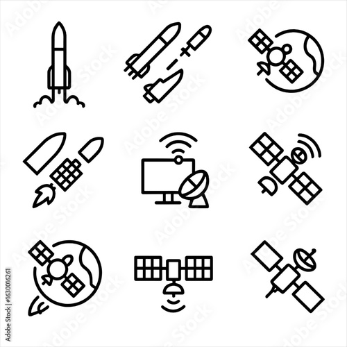 Geostationary Launch Icons. Outline icon set of geostationary launch and deployment: rocket launch, payload separation, orbit