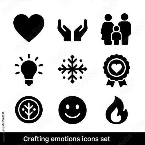 Crafting Emotions Icon Set. Solid, filled icons set of crafting emotions: love heart, warm hands, family bond,