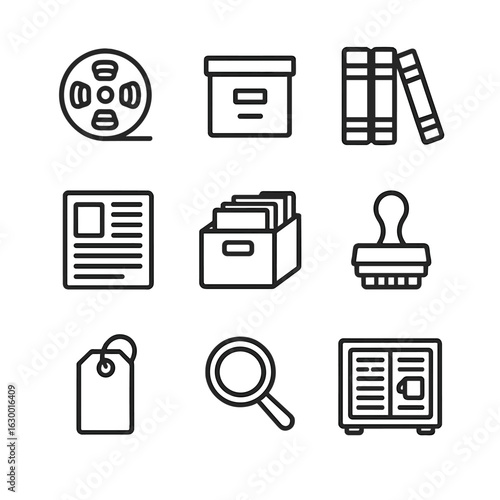 Newspaper Archive Icons. Outline icon set of newspaper archive items: microfilm reel, archive drawer, bound volumes, scanned page,
