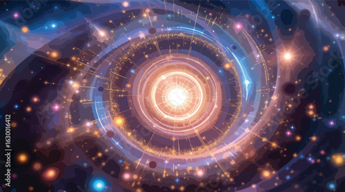 Abstract representation of energy and celestial bodies with radiating light in space.