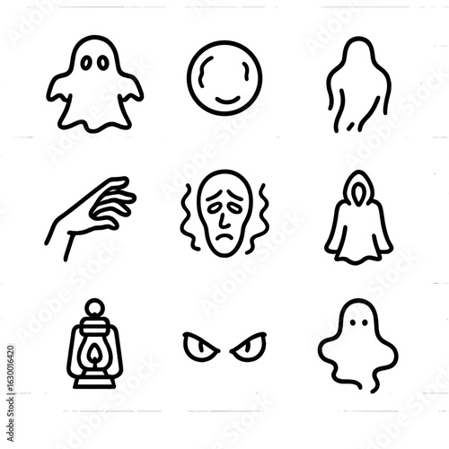 Ghostly Icon Set. Outline icon set of ghostly apparitions: translucent ghost silhouette, floating orb, shadow figure, spectral