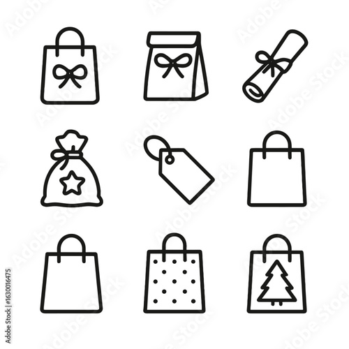 Gift Wrapping Icons. Outline icon set of gift wrapping paper bags: gift bag, ribbon-tied paper bag, kraft paper wrap, decorated