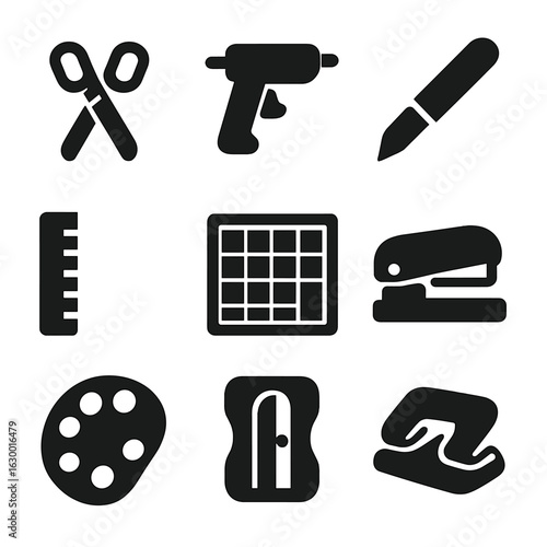 Crafting Tools Icons. Solid, filled icons set of crafting tools: scissors, hot glue gun, craft knife, ruler,
