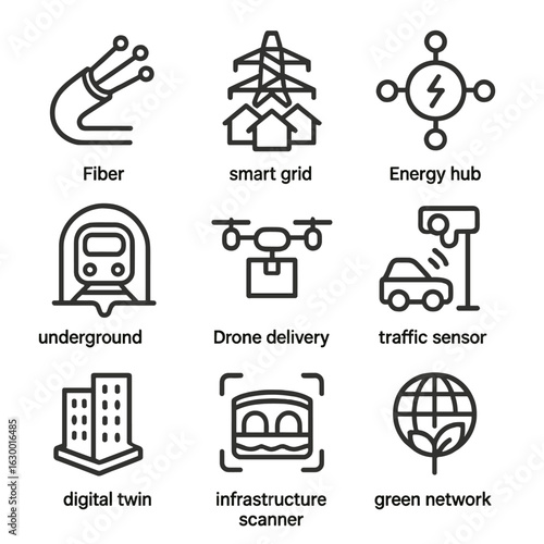 Next-Gen Infrastructure Icons. Outline icon set of next-gen infrastructure: fiber cable, smart grid, energy hub, underground