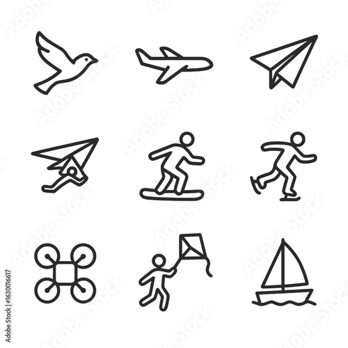 Glide Motion Icons. Outline icon set of glide motion: bird soaring, airplane gliding, paper plane, hang glider, snowboarder, ice