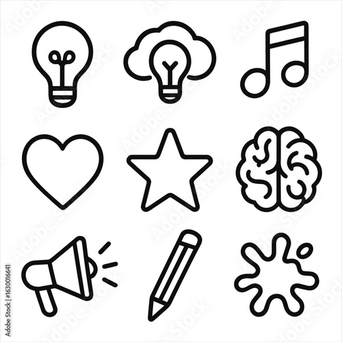 Creative Icon Set. Outline icon set of creative inspiration: light bulb, idea cloud, music notes, heart, star,