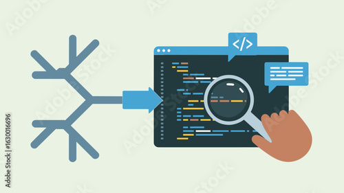 developer's hand reviewing code with a magnifying glass during a pull request vector illustration 