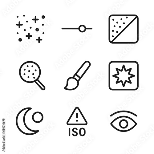 Noise Reduction Icons. Outline icon set of RAW noise reduction: noise pattern icon, denoise slider, grain preview icon, sample