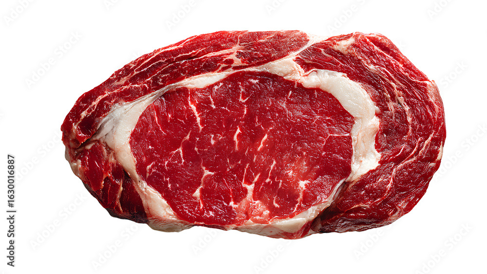 Fototapeta premium Raw Ribeye Steak Isolated on Transparent Background – High-Quality Marbled Beef Cut, Top View
