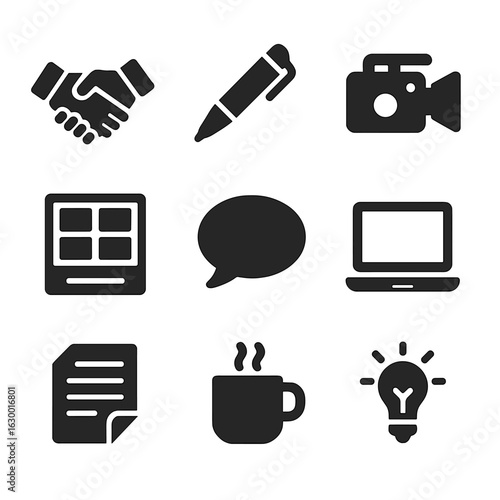 Creative Collaboration Icons. Solid, filled icons set of Author and filmmaker collaboration: handshake, pen,