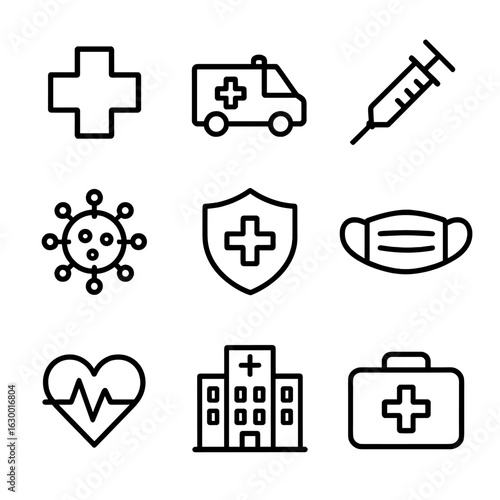 Global Health Icons. Outline icon set of global health and safety: medical cross, ambulance, vaccine syringe, virus, health shield