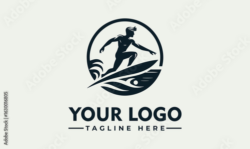 Silhouette logo of a surfer riding a wave, circular design.