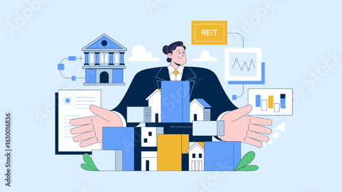 real estate fund manager presenting a portfolio of properties vector illustration