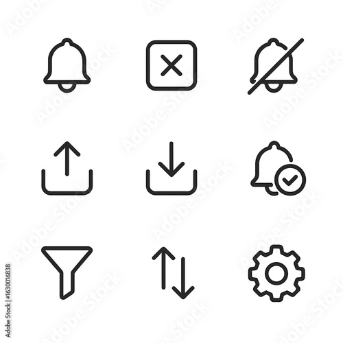 Notification Center Icons. Outline icon set of notification center UI: notification list, clear all button, swipe to dismiss,