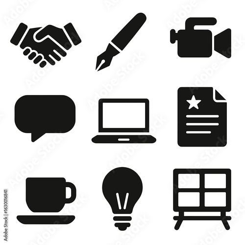 Creative Collaboration Icons. Solid, filled icons set of Author and filmmaker collaboration: handshake, pen,