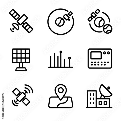 GLONASS Satellite Icons. Outline icon set of GLONASS satellites: navigation satellite, orbital path, satellite constellation,