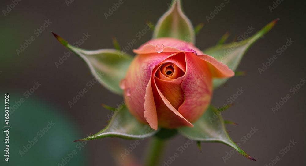 Close-up of a delicate, peach-colored rosebud, showcasing its intricate details and soft petals. Close-up of a delicate, peach-colored rosebud, showcasing its intricate details and soft petals.
