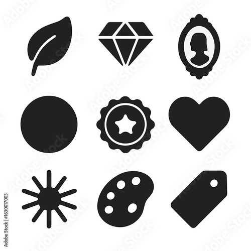 Creative Icon Grid. Solid, filled icons set of creative inspiration for ornaments: nature motifs, geometric