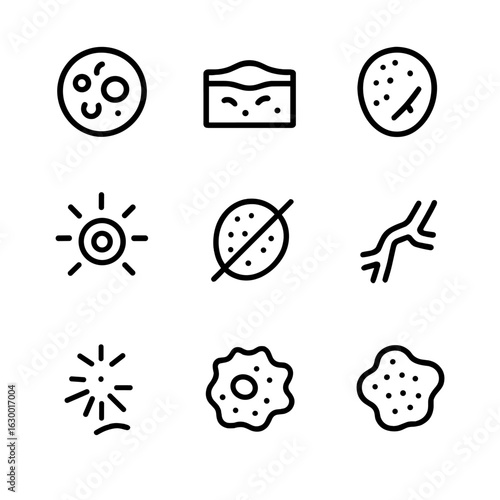 Bruise Icons Set. Outline icon set of bruises: fresh bruise, swelling, discoloration, pain area, healing bruise, blood vessel,