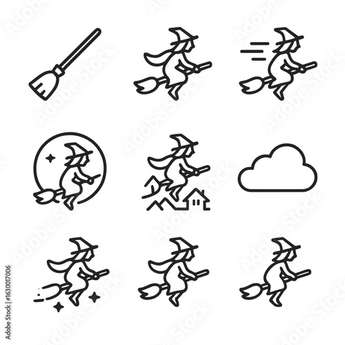 Broomstick Travel Icons. Outline icon set of broomstick travel: broomstick silhouette, flying pose, wind lines, moonlit sky