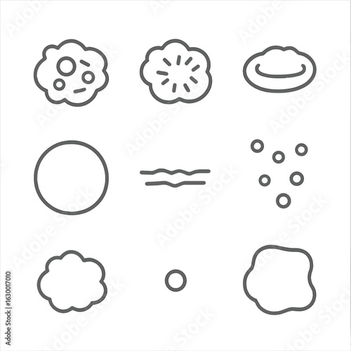 Bruise Icon Set. Outline icon set of bruise types and appearances: purple bruise, red bruise, swollen bruise, circular bruise,