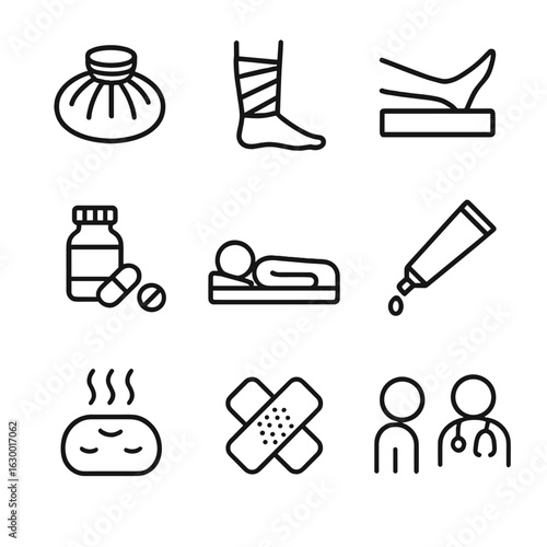 Bruise Treatment Icons. Outline icon set of bruise treatment: ice pack, compression wrap, elevation, painkillers, rest, ointment,