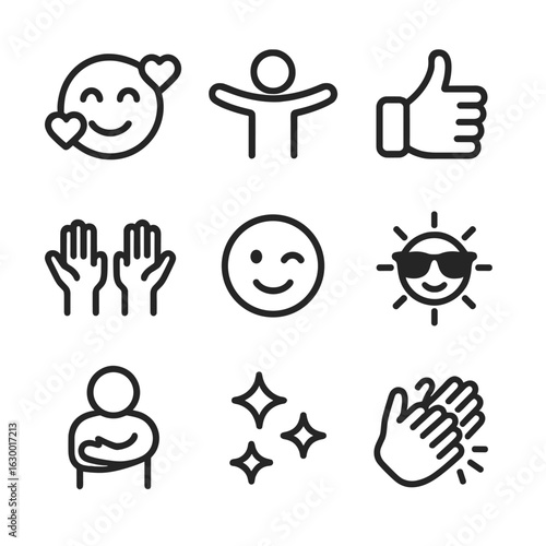 Good Vibes Icons. Outline icon set of good vibes emotions: smiling face with hearts, open arms, thumbs up, clapping hands, raised