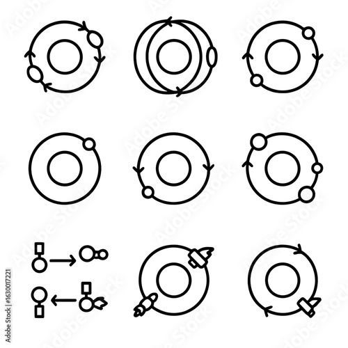 Orbital Maneuver Icons. Outline icon set of orbital maneuvers: Hohmann transfer, bi-elliptic transfer, plane change, orbit raising