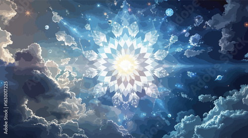 Celestial sky with abstract geometric flower and dreamy clouds illustration artwork.
