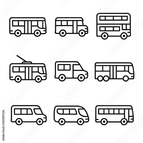 Bus Icons Grid. Outline icon set of bus types: city bus, school bus, double-decker bus, electric bus, shuttle bus, articulated bus
