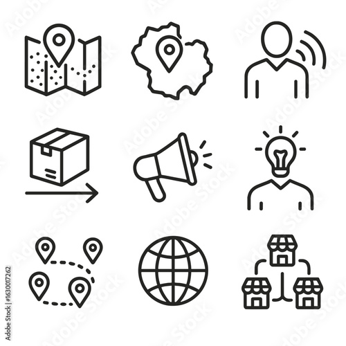 Business Coverage Icons. Outline icon set of coverage in business: market coverage, sales region, customer reach, product