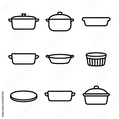 Oven-Safe Stoneware Icons. Outline icon set of oven-safe stoneware: casserole dish, dutch oven, baking tray, lasagna pan, gratin