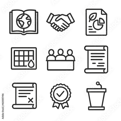 Governance & Ethics Icons. Outline icon set of governance and ethics: planetary charter book, collaboration handshake,