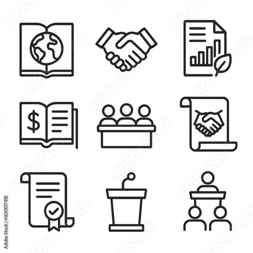 Governance & Ethics Icons. Outline icon set of governance and ethics: planetary charter book, collaboration handshake,