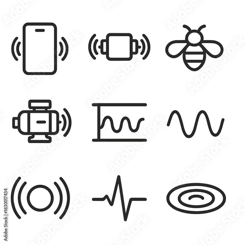 Buzz Motion Icons. Outline icon set of buzz motion and vibration: shaking phone, vibrating motor, buzzing wings, humming engine,