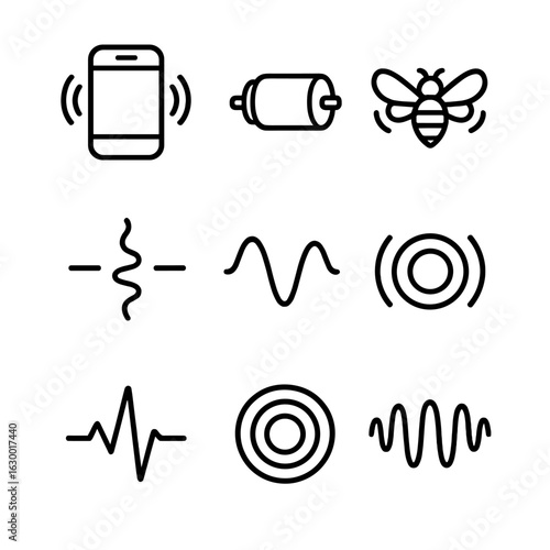 Buzz Motion Icons. Outline icon set of buzz motion and vibration: shaking phone, vibrating motor, buzzing wings, humming engine,