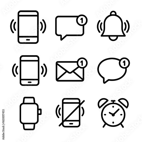 Buzz Notification Icons. Outline icon set of buzz notifications: phone buzz, message alert, notification bell, vibrating phone,