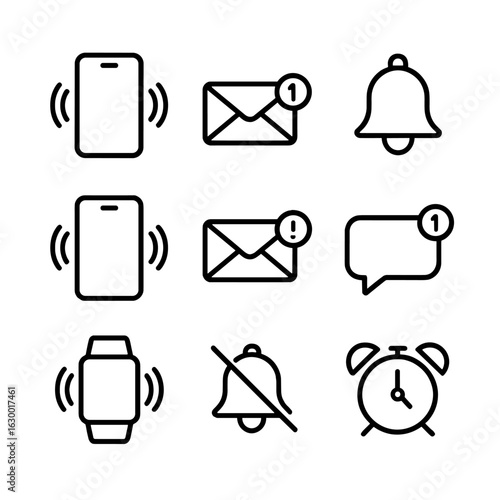 Buzz Notification Icons. Outline icon set of buzz notifications: phone buzz, message alert, notification bell, vibrating phone,