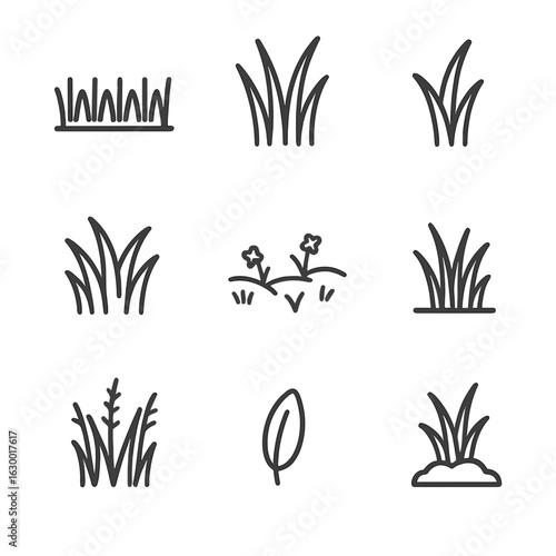 Grass Icon Set. Outline icon set of grass types and elements: lawn grass, tall grass, grass blade, grass tuft, meadow, grass patch