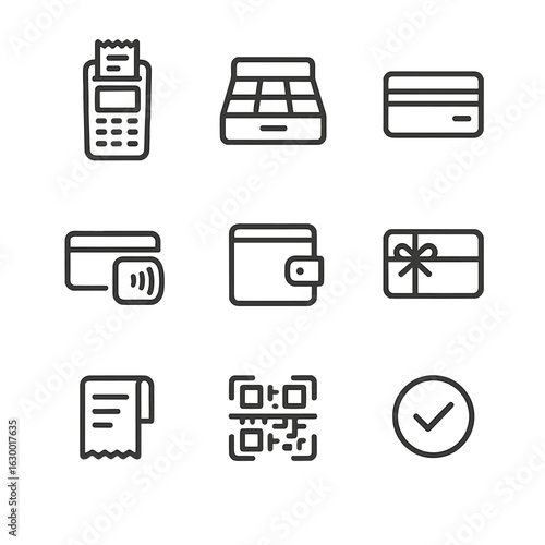 Payment Icons Grid. Outline icon set of checkout and payment: POS terminal, cash drawer, credit card, contactless icon, e-wallet,
