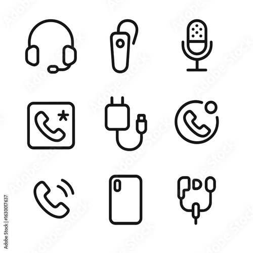 Call Accessories Icons. Outline icon set of call accessories: headset, Bluetooth earpiece, microphone, speakerphone, phone charger