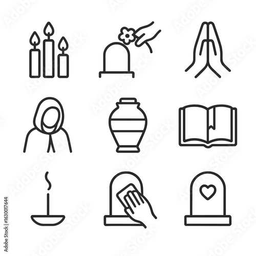Graveyard Ritual Icons. Outline icon set of graveyard rituals: candlelight vigil, flower laying, prayer hands, mourning cloak,
