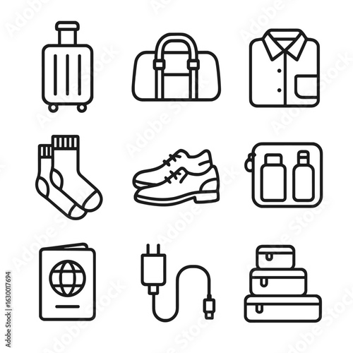 Packing Essentials Icons. Outline icon set of packing essentials: suitcase, duffel bag, folded shirt, socks, shoes, toiletry kit,