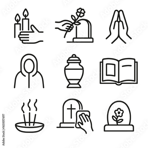 Graveyard Ritual Icons. Outline icon set of graveyard rituals: candlelight vigil, flower laying, prayer hands, mourning cloak,