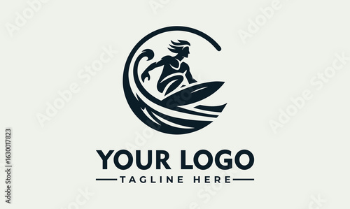 Silhouette of a surfer riding a wave, integrated within a circular logo design.