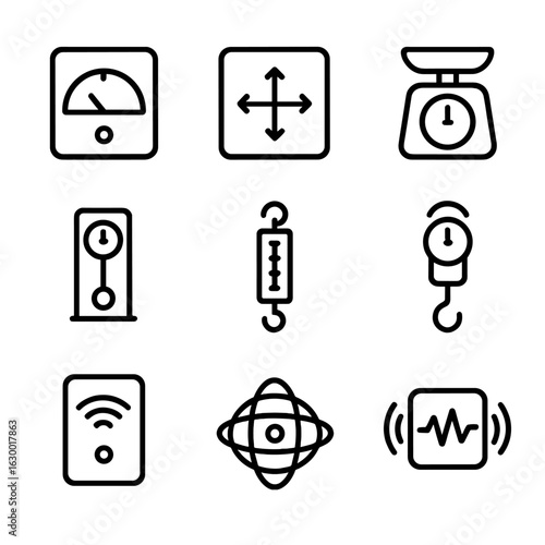 Gravity Devices Icons. Outline icon set of gravity devices and instruments: gravimeter, accelerometer, weight scale, pendulum