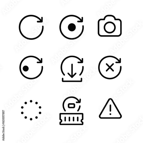Camera Buffer Icon Set. Outline icon set of camera buffer replay: buffer icon, record buffer icon, snapshot icon, live buffer icon