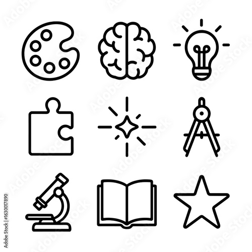 Creative Icon Set. Outline icon set of accidental creativity: paint palette, brain, lightbulb, puzzle piece,