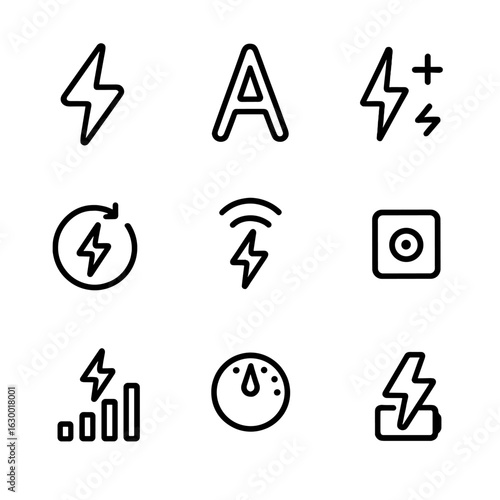 Camera Flash Icons. Outline icon set of camera flash controls: flash on/off, flash auto mode, flash exposure compensation, flash