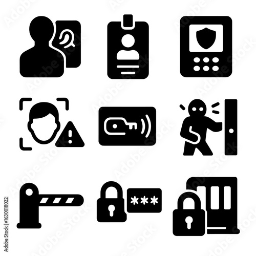 Critical Access Control Icons. Solid, filled icons set of critical infrastructure access control: biometric